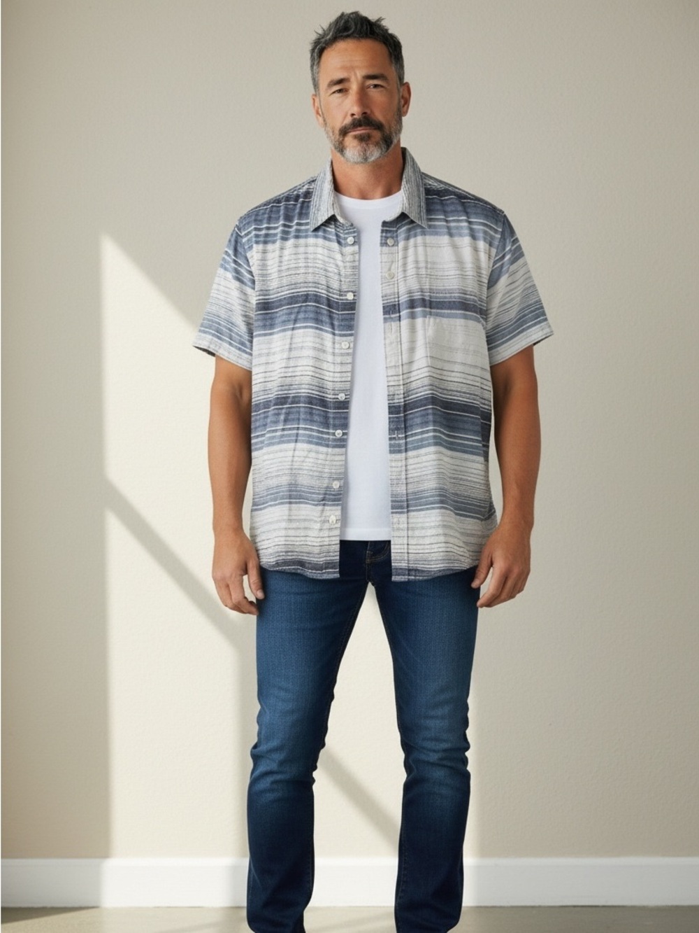 Lucky Brand Mens XXL Short Sleeve Striped Button Down Shirt Blue Gray